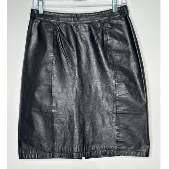 80’s GIII Black Leather Pencil Skirt w/ Snap Slit Closing Back medium - Picture 3 of 14